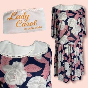 Vintage Floral Cottagecore Dress with Wide Lace Fringe Collar